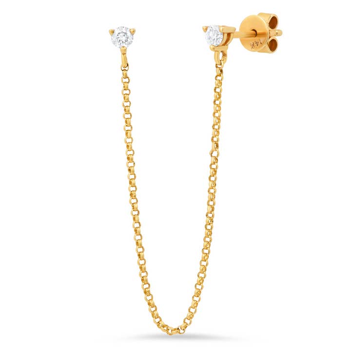 ONE EAR DOUBLE TROUBLE CHAIN DIAMOND STUDS, 14kt GOLD for wholesale by JEN HANSEN