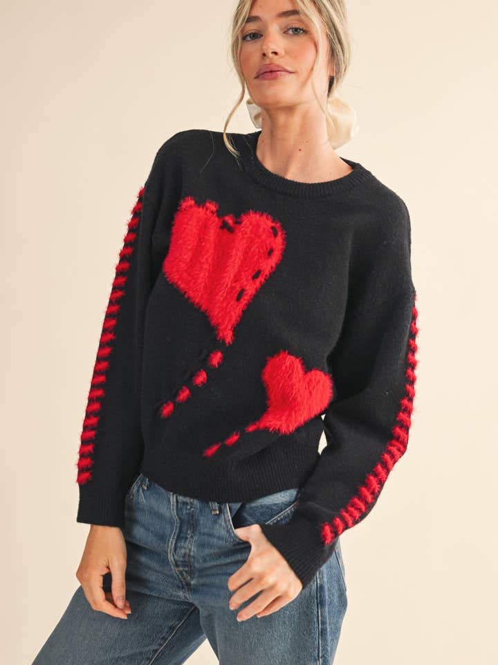 &MERCI - Wholesale Knit Sweater - Women's - FUZZY HEART KNIT SWEATER WITH WHIP STITCH MSW109902