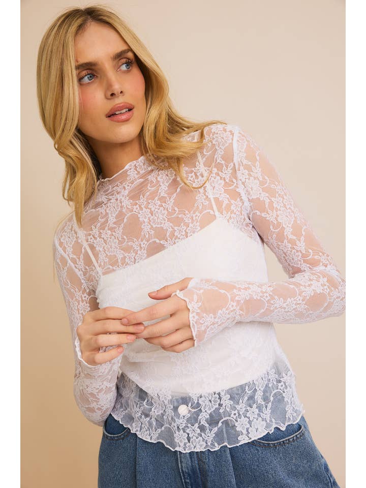 GILLI - Wholesale Knit Top - Women's - LONG SLEEVE MERROW HEM FLORAL MESH TOP