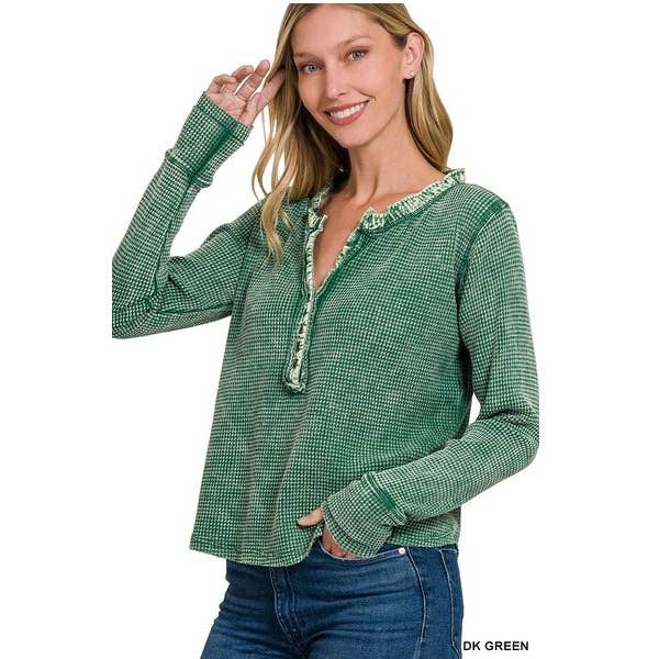 Apolline - Wholesale Knit Top - Women's - Washed Baby Waffle Henley Long Sleeve Top - Back Patch5