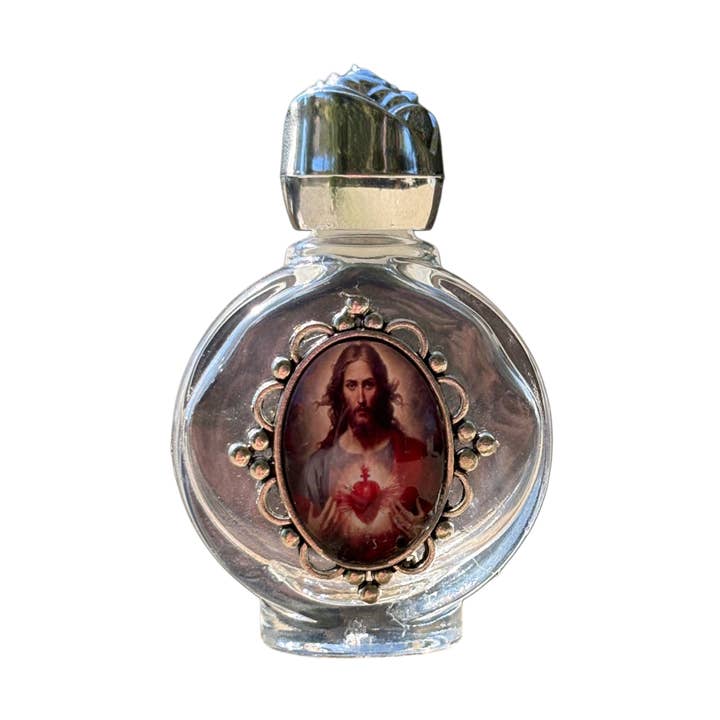 Holy Water Bottle- Sacred Heart Jesus Encase Rose Top 2.5" for wholesale by Oremus Mercy