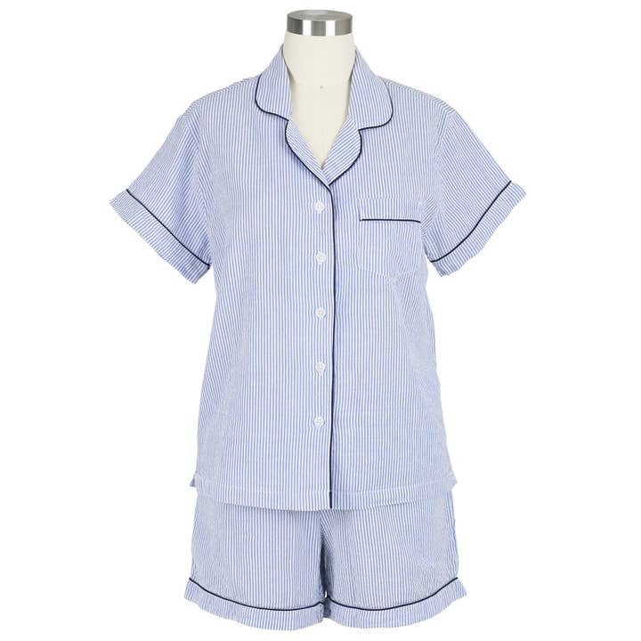 Needham Lane - Wholesale Sleepwear Set - Women's - Blue Seersucker-Navy Short Sleeve Shorty Pajamas