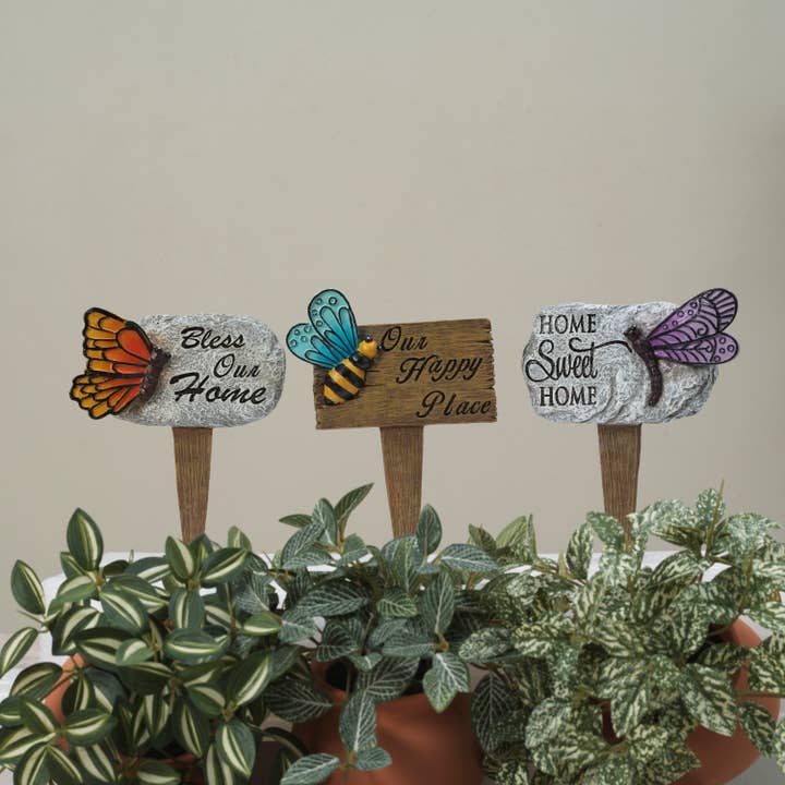 Discount 7.48"H Resin Garden Friend Stake w/ Sign, 3 Asst for wholesale by The Gerson Companies