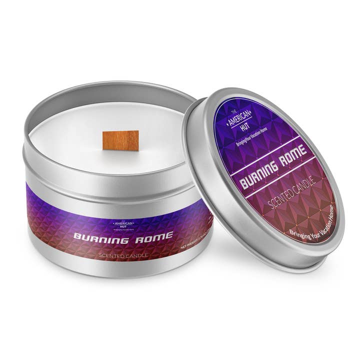 The American Hut – wholesale Reseljus – Burning Rome - Plåtljus med sprakande träveke
