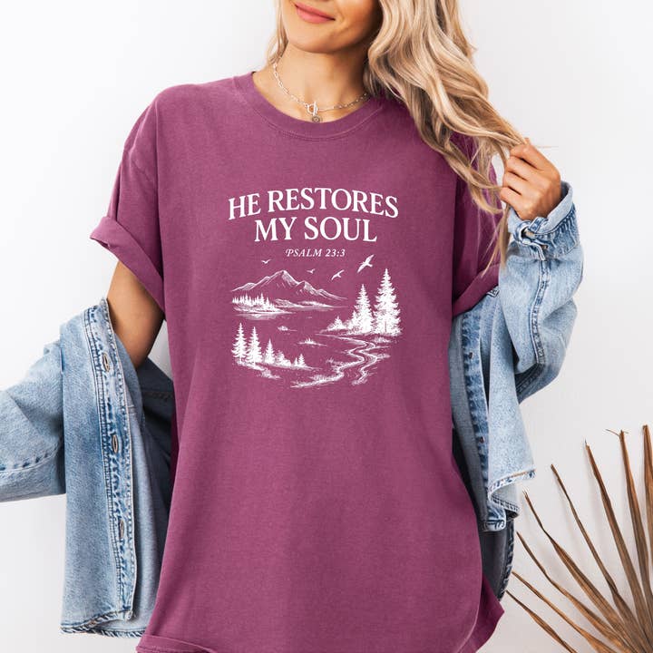 Verita Culture - Wholesale Screen Printed T-Shirt - Women's - He Restores My Soul Christian Comfort Colors Shirt8