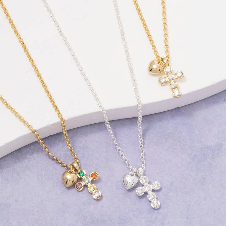 Gold Dipped Cz Cross And Heart Pendants Necklace for wholesale by Fame Accessories
