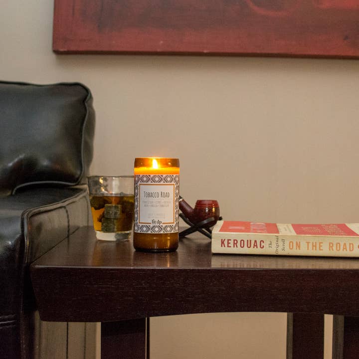 Lit Up Candle Co. – wholesale Jar/filled candle – Tobacco Road 8 oz. soy candles in upcycled beer bottles