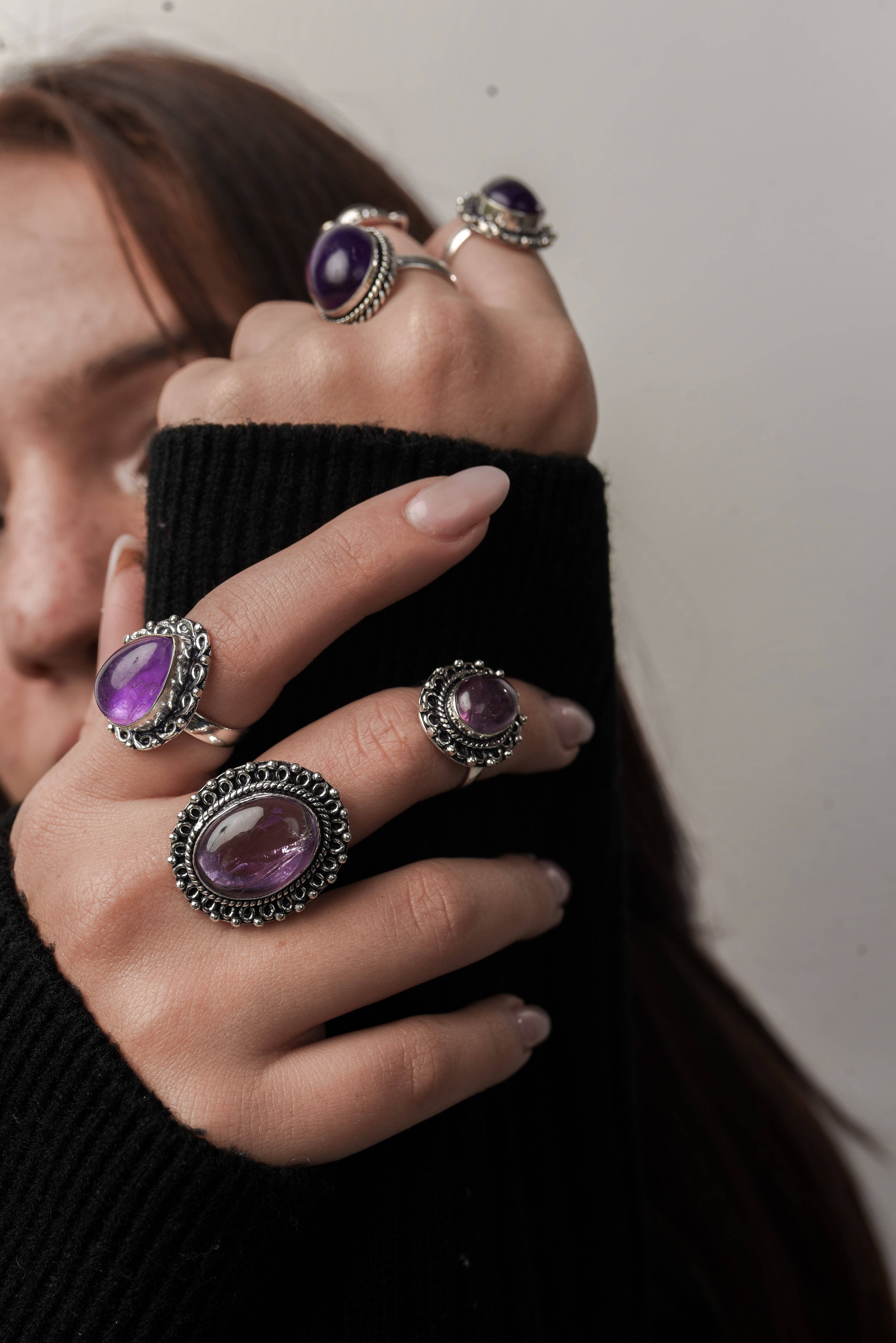 Handmade Jewels - Wholesale Cocktail/Statement Ring - Amethyst Rings for Women – Silver-Plated, Handmade, Deep Purple (US Sizes 6–10, Non-Adjustable)11