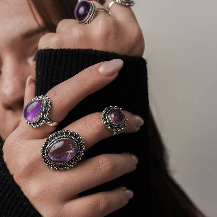 Handmade Jewels - Wholesale Cocktail/Statement Ring - Amethyst Rings for Women – Silver-Plated, Handmade, Deep Purple (US Sizes 6–10, Non-Adjustable)11