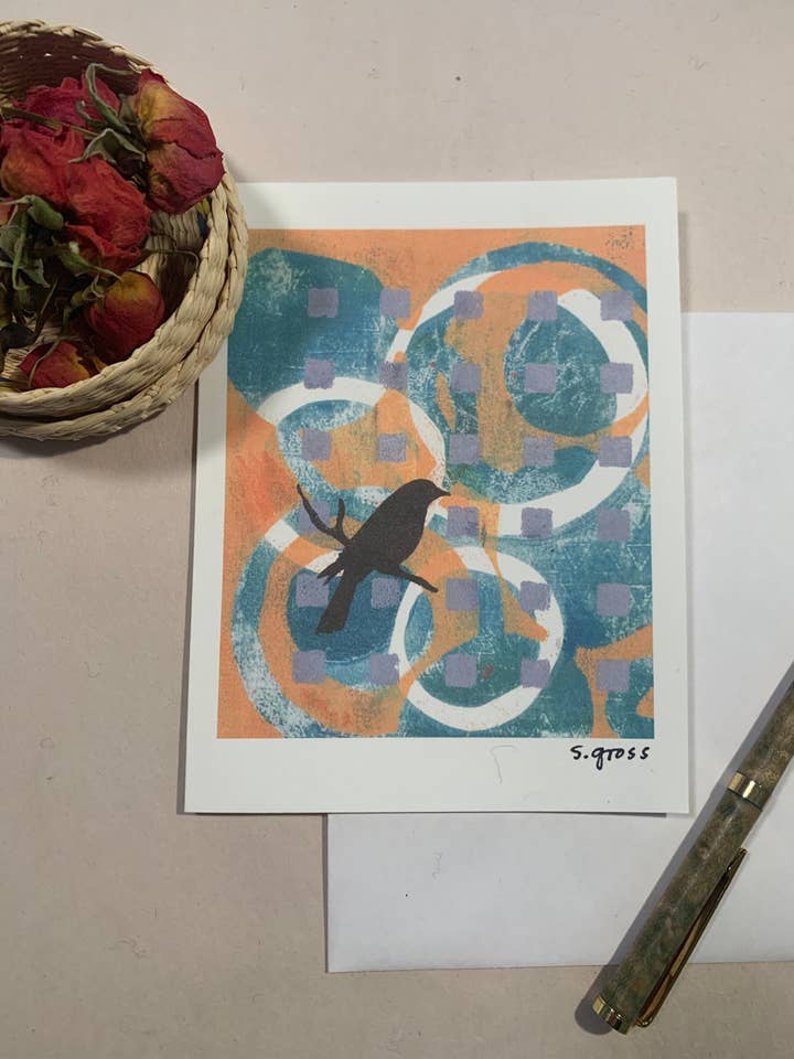 Carte | Morning Bird | Œuvre originale de gravure pour la vente par Sue Gross Design Studio