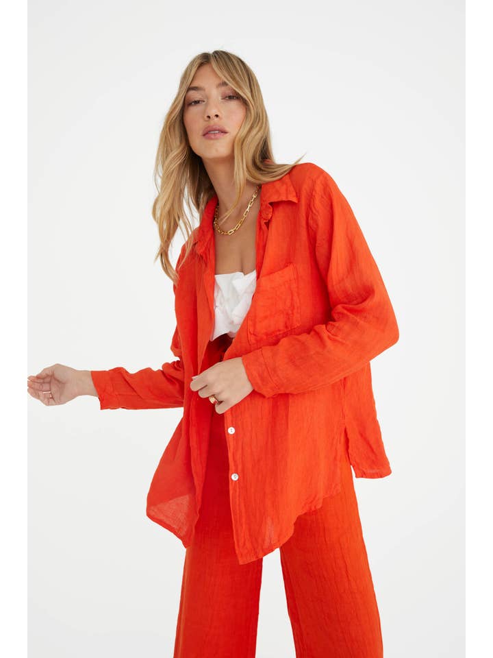 Marché - Wholesale Button Down Shirt - Women's - The Playa Linen Shirt in Papaya1