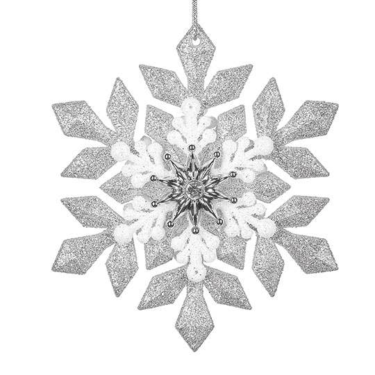 Silver Glitter And White Snowflake Ornament for wholesale by Roman