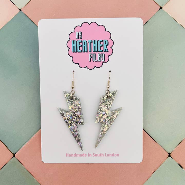 Large Silver Glitter Lightning Bolt Earrings - Best Seller for wholesale by By Heather Filby