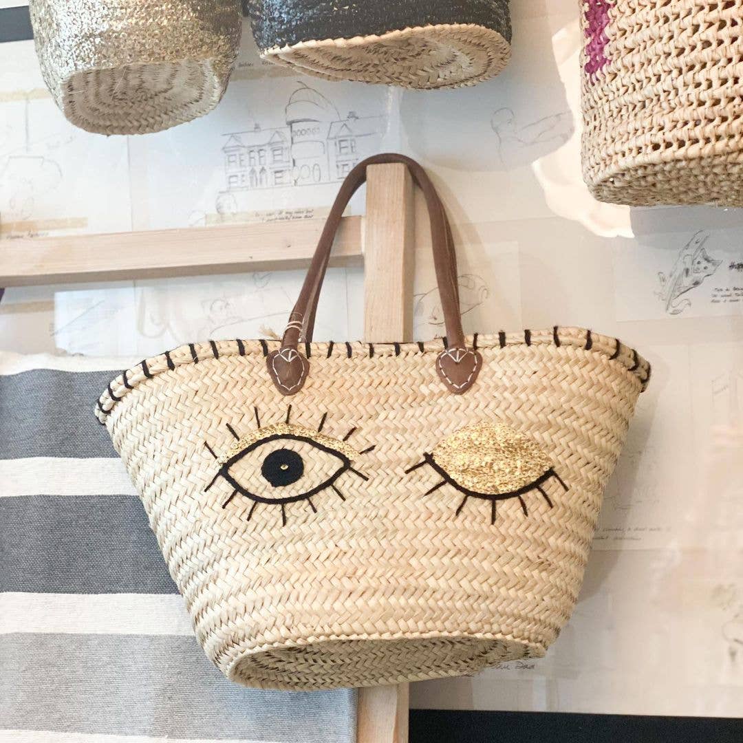 DarKech - Vente Sac de plage - Panier de marché en paille tressée avec poignées en cuir, personnalisé, style marché français3