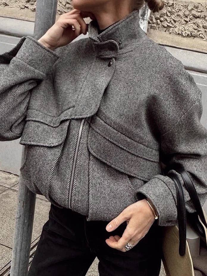 black Herringbone Stand Collar Jacket Women N5A353 for wholesale on Faire1