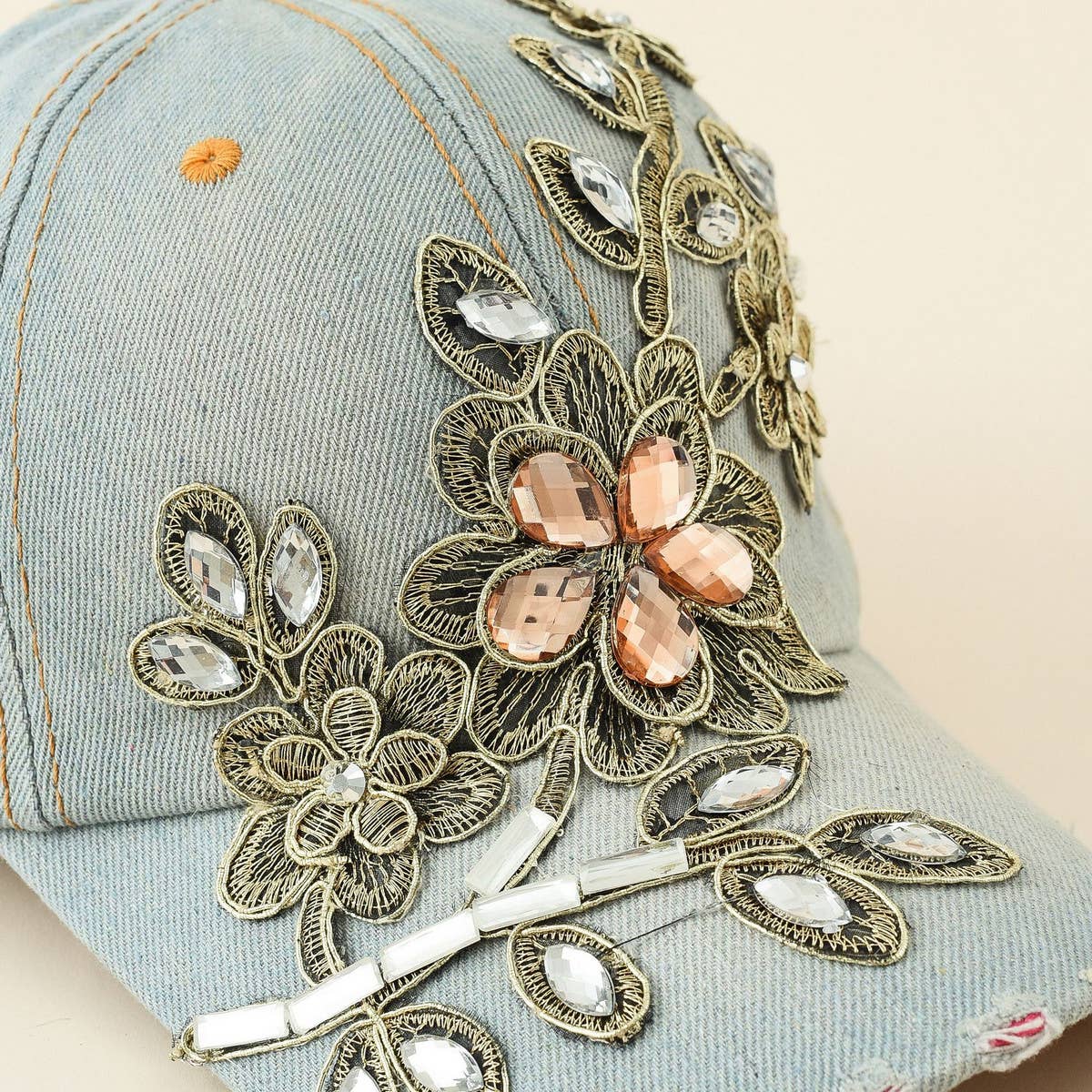 Blue Diamond-Embellished Distressed Denim Baseball Cap CWAH1390 for wholesale on Faire2