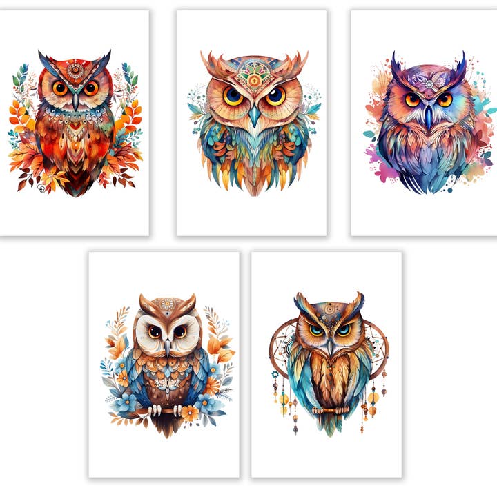 10 Handmade Notecards 4x6 with Envelopes Blank Boho Owls Folded for wholesale by Blue Morning Expressions