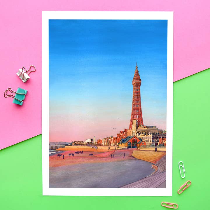 Blackpool Tower Art Print | Lancashire, Illuminations, Fylde for wholesale by Emily Peet Illustration