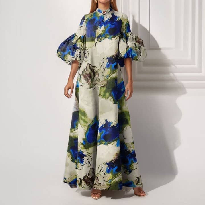 PRINTING Flowy Print Bubble Sleeve Maxi Dress for wholesale on Faire1
