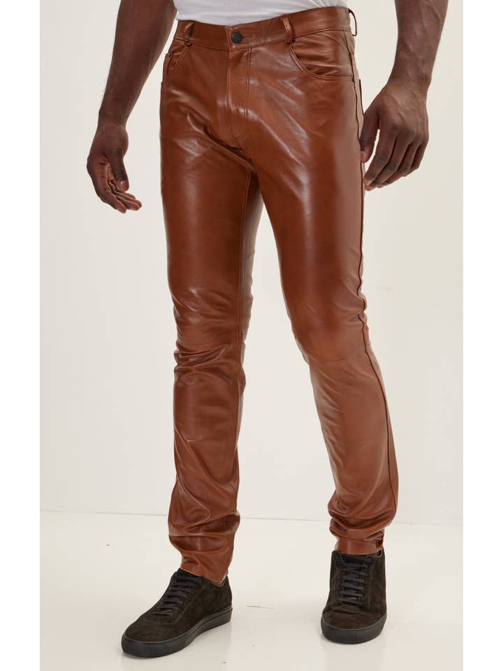 MARROM Calça de Pele de Cordeiro Genuína Masculina - Castanho para venda a revendedores na Faire2