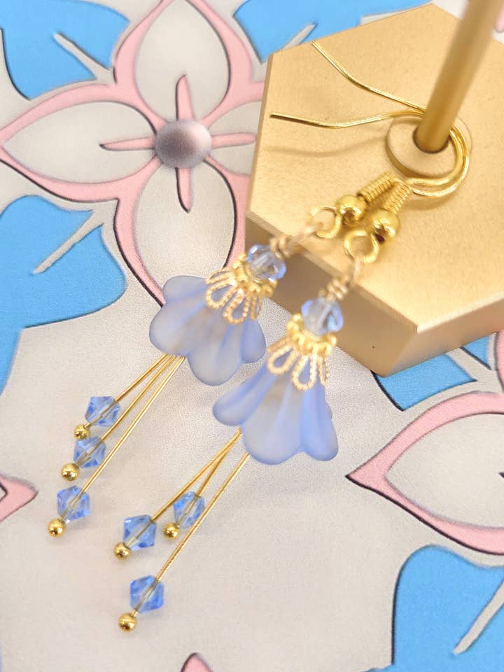 Bell Flower Dangle Earrings-Light Sapphire Powder Blue/Gold for wholesale by Chic Brico