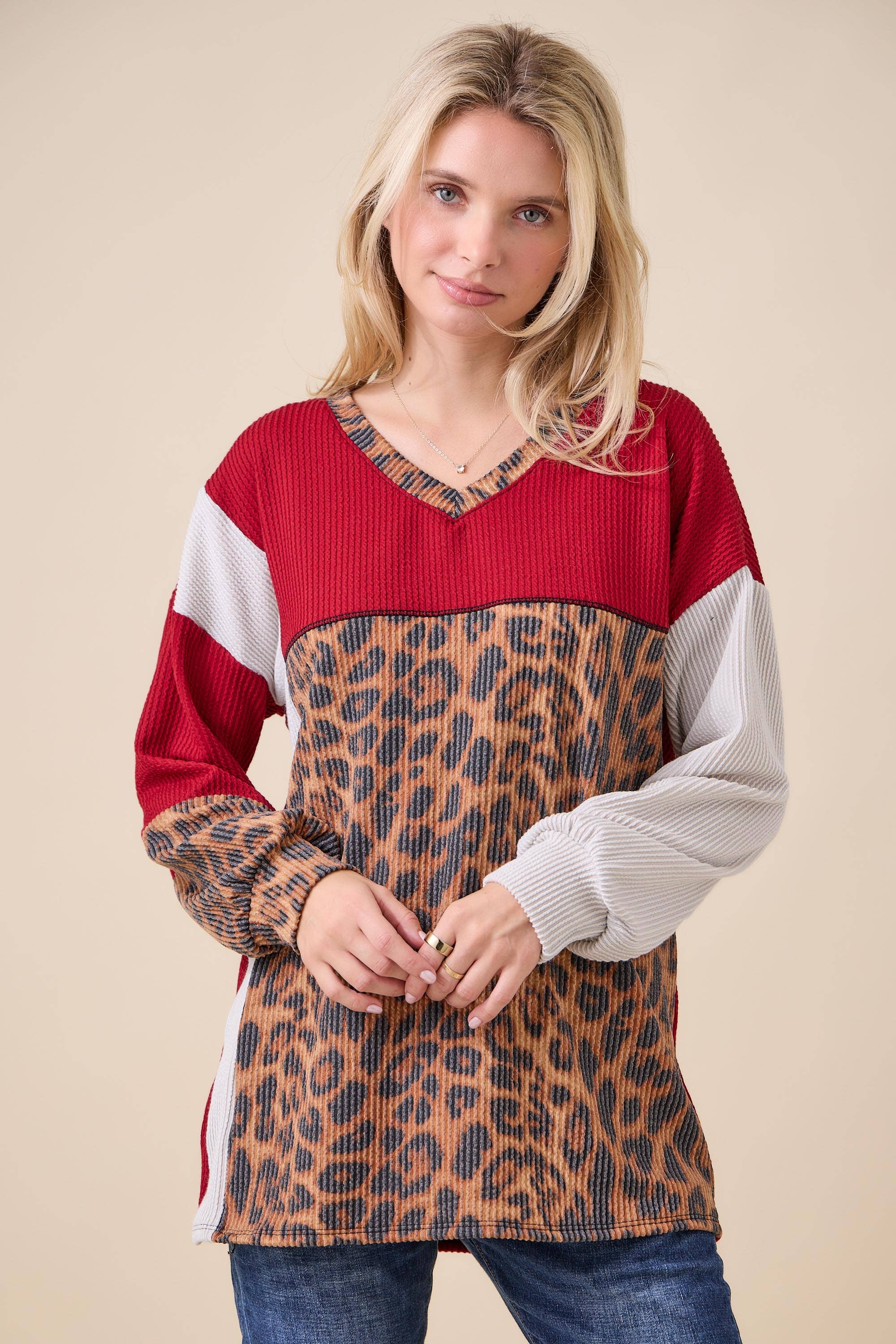 Celeste Clothing - Wholesale Knit Top - Women's - WOMEN'S RIB COLOR BLOCK ANIMAL PRINT LONG SLEEVE TOP29