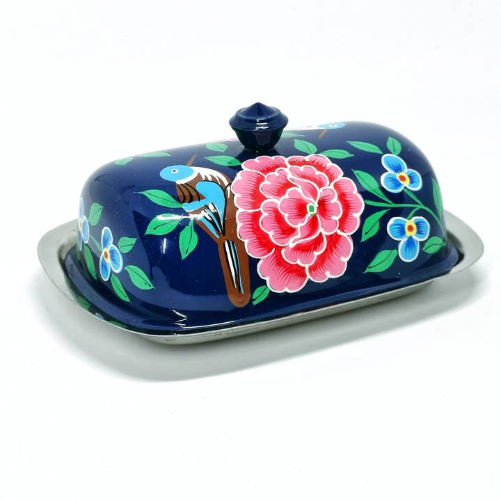 Nayda Diaries - Venta al por mayor Platos para mantequilla - Tetera india azul marino esmaltada con flores pintada a mano