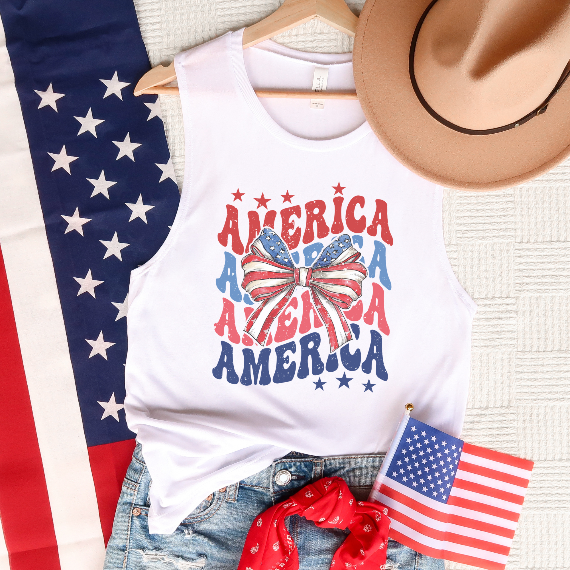 Trendznmore - Modern Graphic Apparel - Wholesale Tank Top - Women's - Coquette America Stacked Patriotic BC Muscle Tank Top0