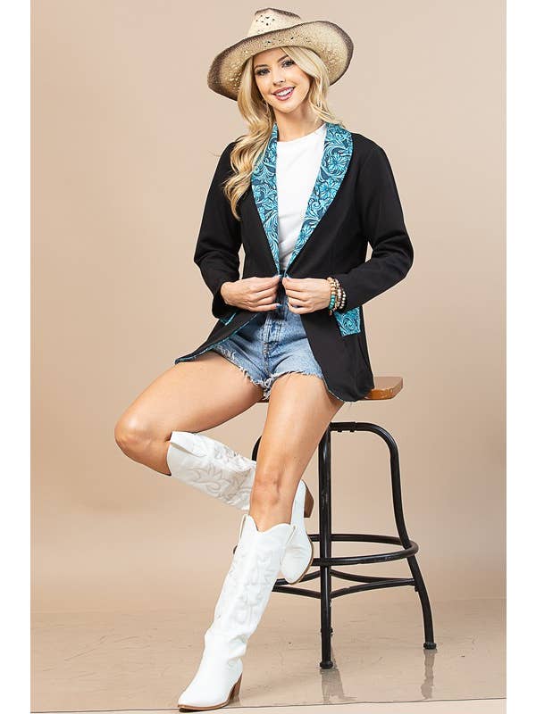 BLACK TURQUOISE AV1250-TORY WESTERN TOOLED LEATHER WOVEN BLAZER for wholesale on Faire1