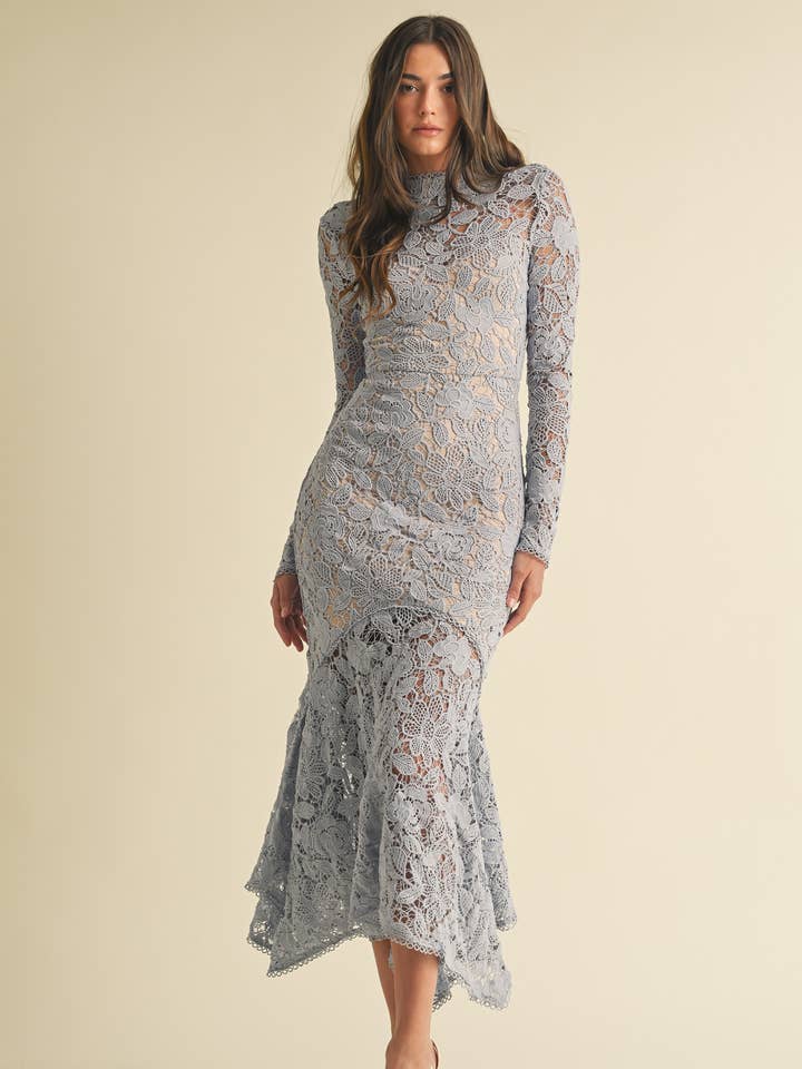 Endless Blu - Wholesale Dress - Women's - Floral Lace Mock Neck Midi Dress15