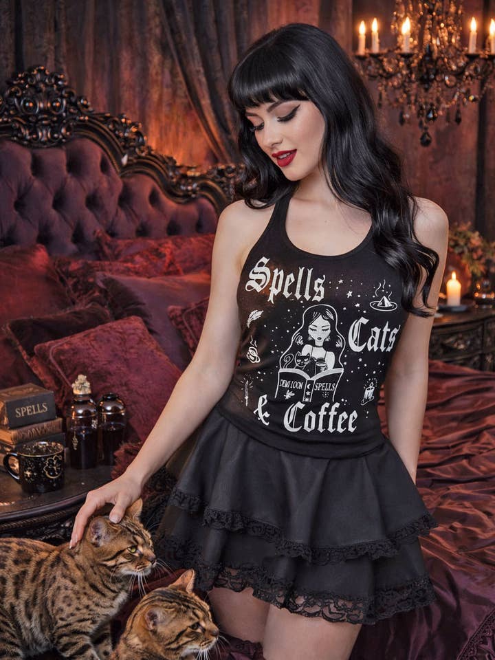 Spells Cats & Coffee Graphic Tank for wholesale by Demi Loon