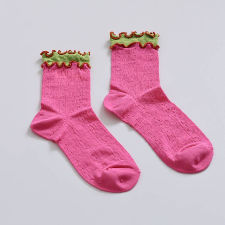 Happy Knits - Wholesale Socks - Women's - Women's Ruffle Trim Cotton Socks - Lightweight & Colorblock