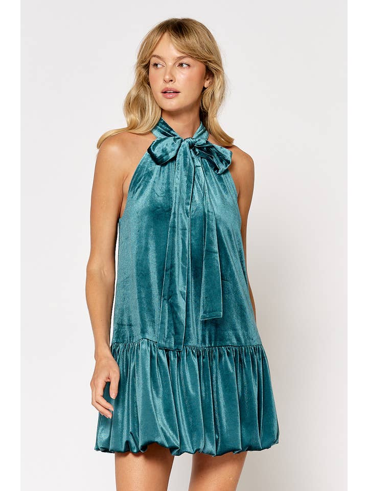 Lalavon - Wholesale Dress - Women's - ILD5091-1Â VELVET HALTER BOW TIE BUBBLE HEM MINI DRESS