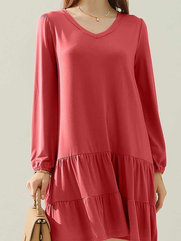 CWDSD10356_LONG SLEEVE SHIRRING LAYERED HEM MINI DRESS for wholesale by NINEXIS