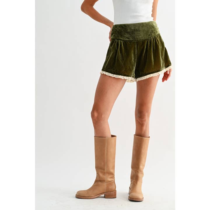 MOSS GREEN VELVET HIGH-WAIST LACE TRIM SHORTS for wholesale on Faire3