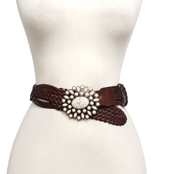 Axesoria West - Wholesale Belt – Women's - Hand Braided Leather Belt with Turquoise Style Buckle brass3