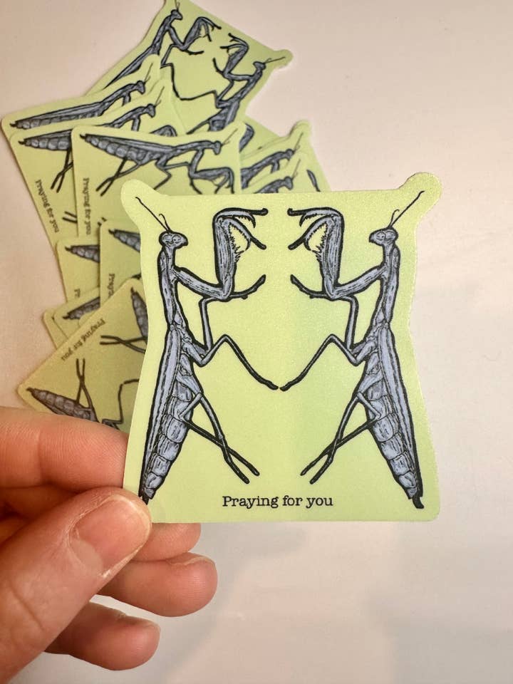 Adhesivo impermeable de vinilo troquelado con forma de insecto Punny con forma de mantis religiosa para venta al por mayor de Sav J. Art