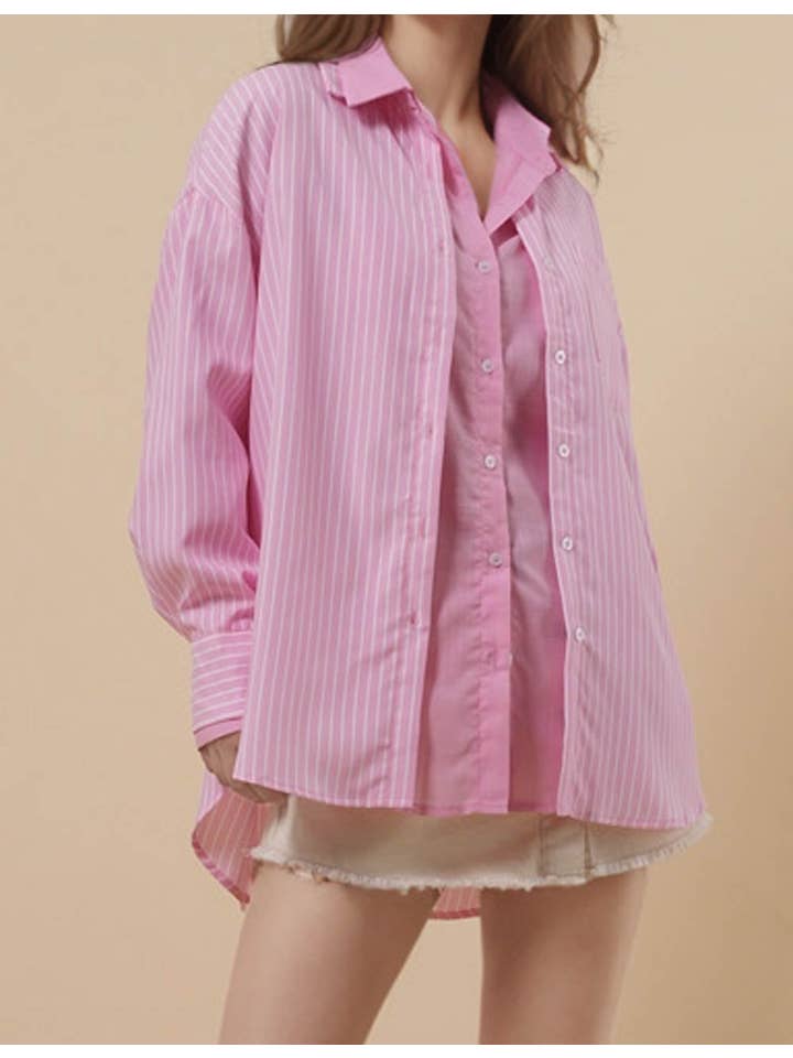 Sweetkama - Wholesale Button Down Shirt - Women's - Ladies Striped Color Block Button Down Shirt 8SKT5116115