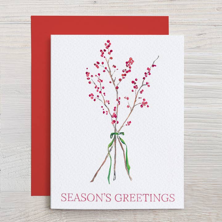 Watercolor Holiday Card: Winter Berries with "Season's Greetings" Note Card for wholesale by Waterline Studio
