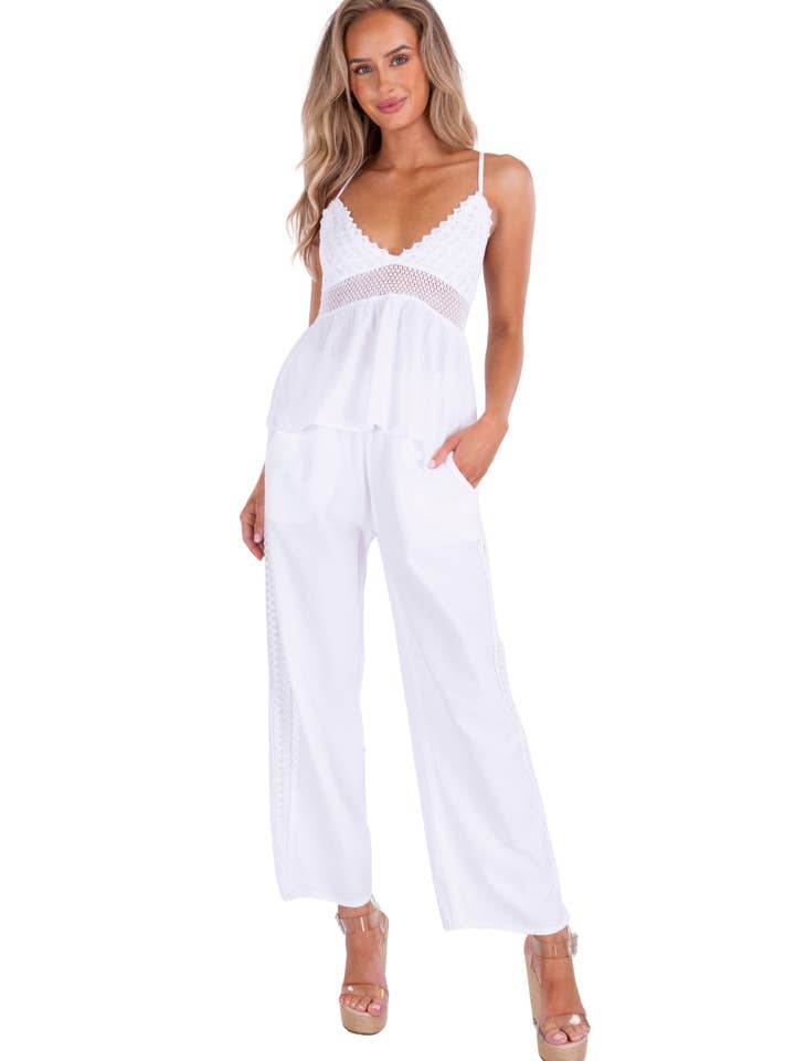 Crochet Trim Cotton Peplum Top – Adjustable Straps – White for wholesale by Seaspice Resort Wear