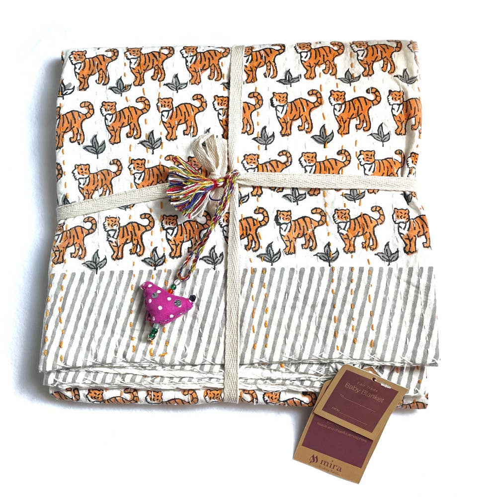 Mira Fair Trade - Wholesale Bedding Blanket - Kids & Baby - Block Printed Kantha Blanket - Tiger Print1