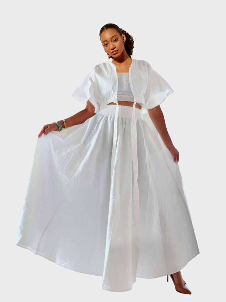 Skirt & Crop Top / Cotton/ Set - White for wholesale by India Batik