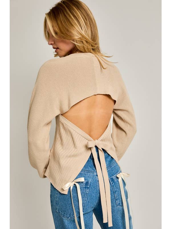 Beige Long Sleeve Crew Neck Ribbed Open Back Sweater for wholesale on Faire