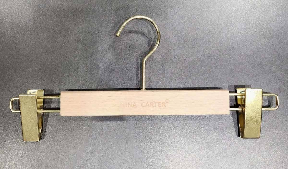 Nina Carter - Wholesale Clothes Hangers - Wooden pants hanger with clips, gold swivel hook2