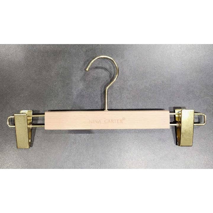 Nina Carter - Wholesale Clothes Hangers - Wooden pants hanger with clips, gold swivel hook2