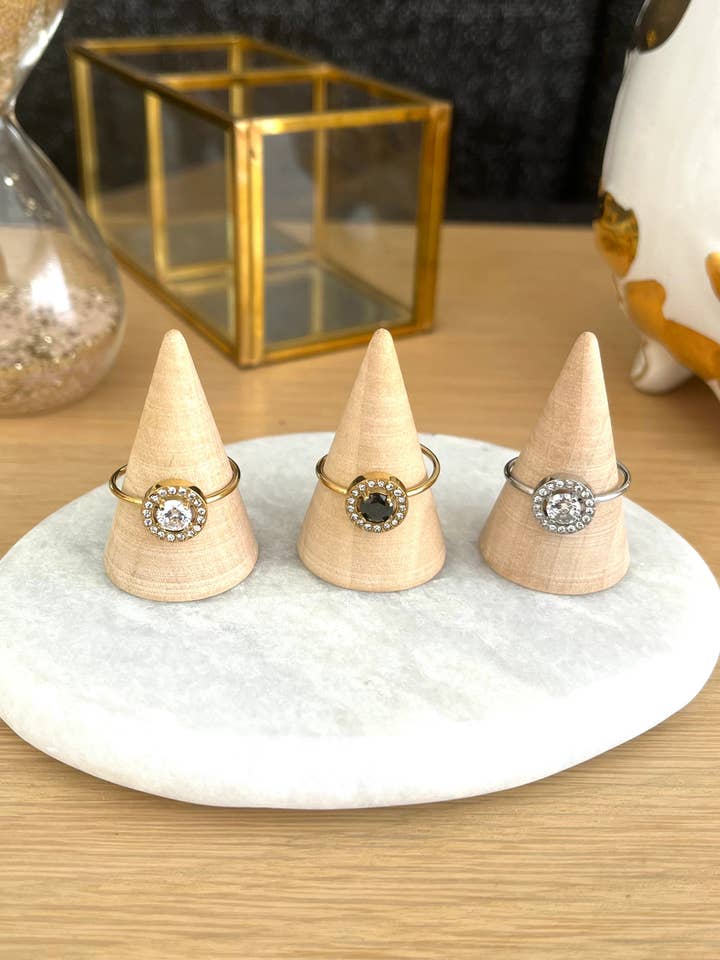 anel ajustável em aço inoxidável com strass, formato redondo por atacado de Innaya