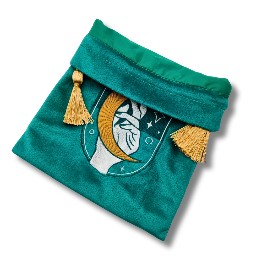 LA MUCI DESIGN - Vente Sac à cordon de serrage – unisexe - Pochette en velours vert pour tarot – Sac à cordon brodé2