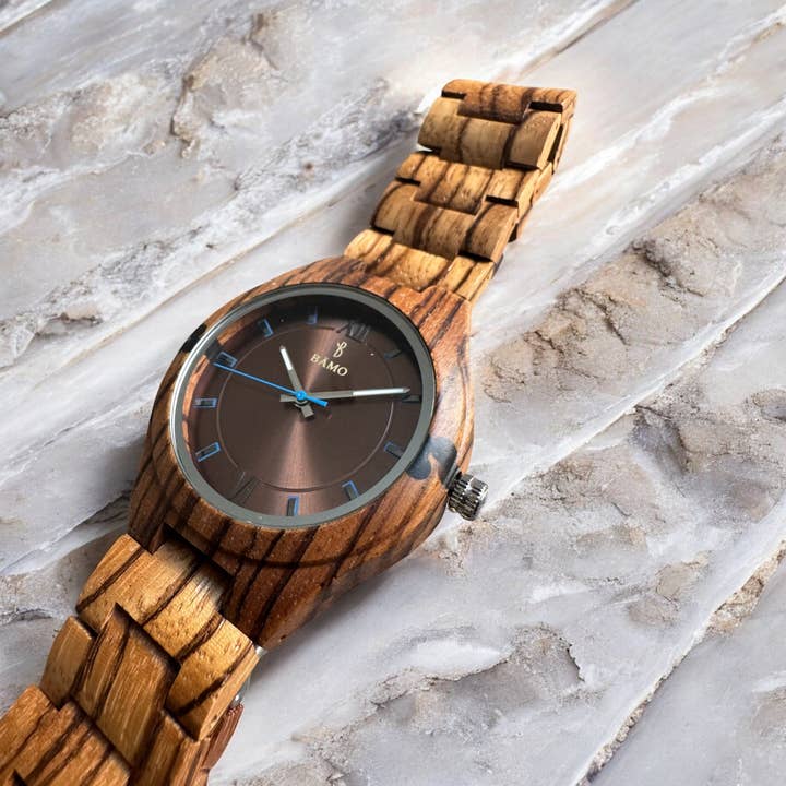 MILANO Bronze Wooden Watch - zebrawood for wholesale by BOTTEGA SMERALDA