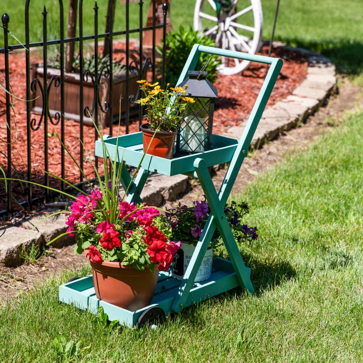Sunnydaze Decor - Wholesale Plant Pot Stand - 2-Tier Fir Wheeled Planter Stand - Robin Egg Blue