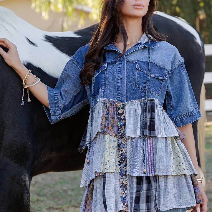 Young Threads - Wholesale Blouse - Women's - Front-Open Hooded Denim Shirt with Playful Mixed Ruffles
9